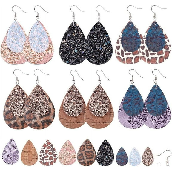 66Pcs DIY Make 6 Pairs Leather Charms Double Layered Teardrop Drop Charm Dangle Earring Making Starter Kit Leopard Print Boho Jewelry Making Supplies for Women Beginners