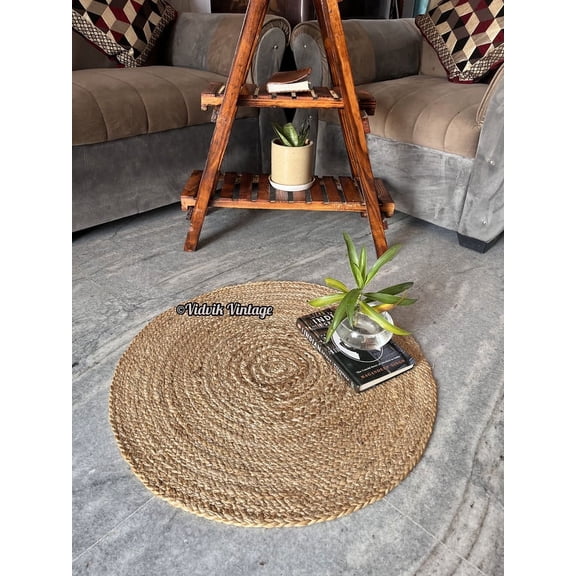 Vidvik Vintage Indian Hand Woven Bohemian Natural Color Round Area Jute Rug for Home Decor (90 x 90 cm