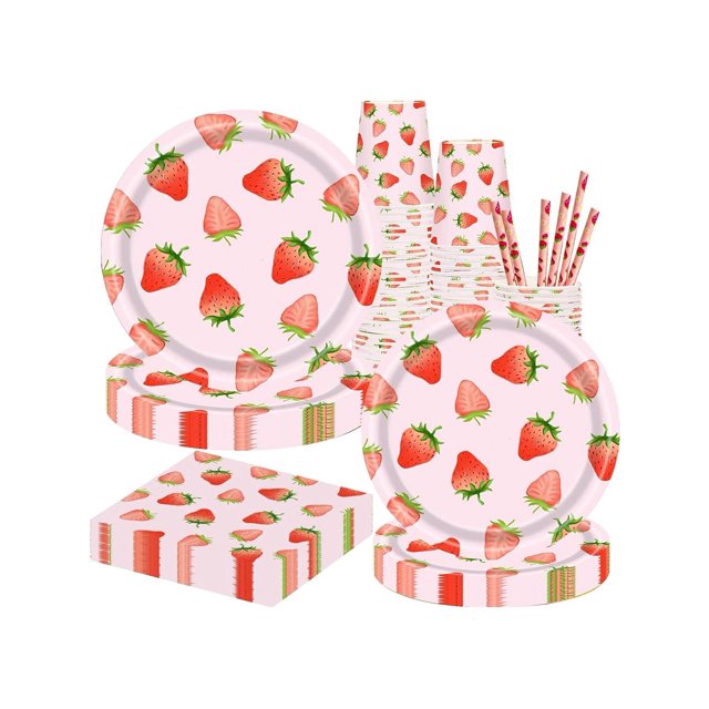 Strawberry Party Tableware Set,Strawberry Birthday Party Decoration,Summer Fruit Party Supplies Paper Plates Napkins Tablecloth Straws for 10 Guests P