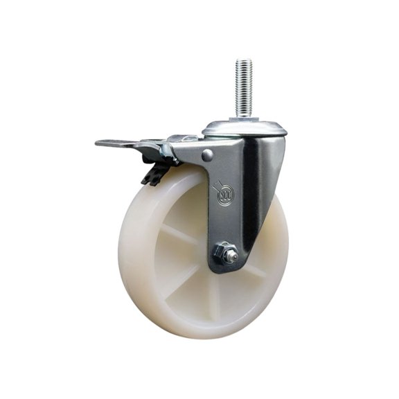 5 Inch Nylon Wheel Swivel 3/4 Inch Threaded Stem Caster Total Lock Brake SCC