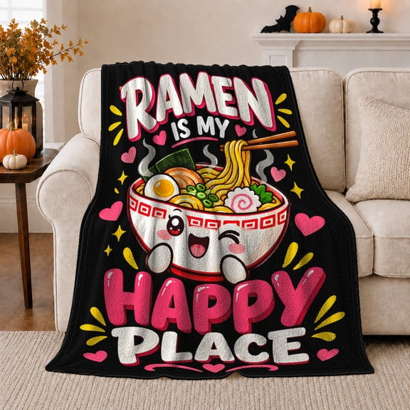 Kawaii Ramen Noodle Cartoon Joyful Black Background Funny, Playful Food Art Scene, Warm Flannel Blanket for Kitchen and Dining Room, Food Lovers Birthday Gift, Playful Home Decor