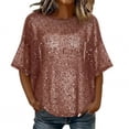 thumbnail image 2 of SSZMDLB Women Sequins T-Shirt Short Sleeve Round Neck Casual Basic Tee Holiday Party Tops Summer Fashion Outfits Workout Clothes, Red S, 2 of 7