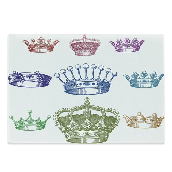 Queen Cutting Board, Old Antique Crown Set in Baroque Style Colorful Rococo Retro Victorian Floral Details, Decorative Tempered Glass Cutting and Serving Board, Large Size, Multicolor, by Ambesonne
