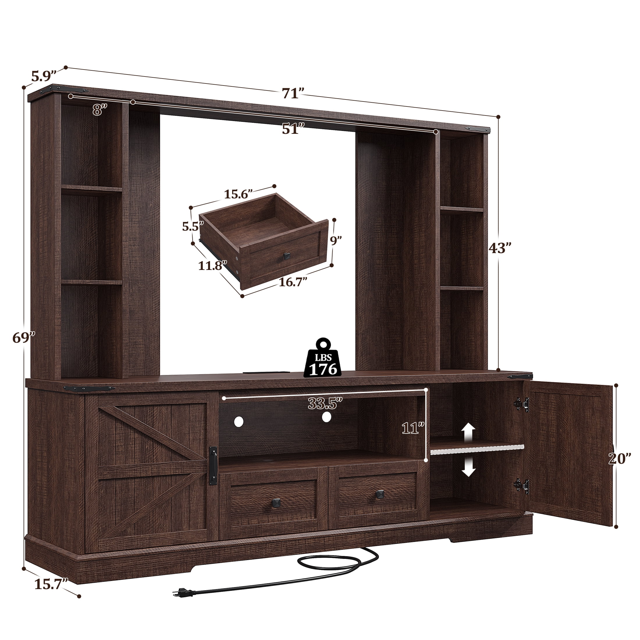 EnHomee Entertainment Center with LED Lights and Power Outlets, Large Farmhouse TV Stand for up to 60" TVs with Storage, White