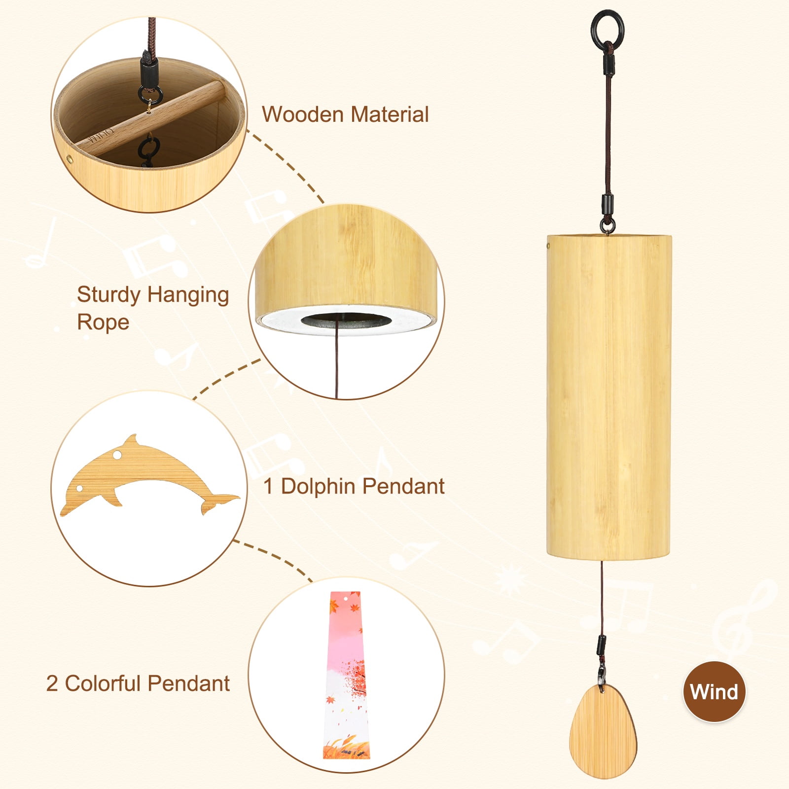 Uxcell Bamboo Wind Chimes for Meditation, Relaxing Emotions, Wooden Handcrafted Chimes for Unique Decor, Gardening Gift for Outdoor Decoration [C Chord]