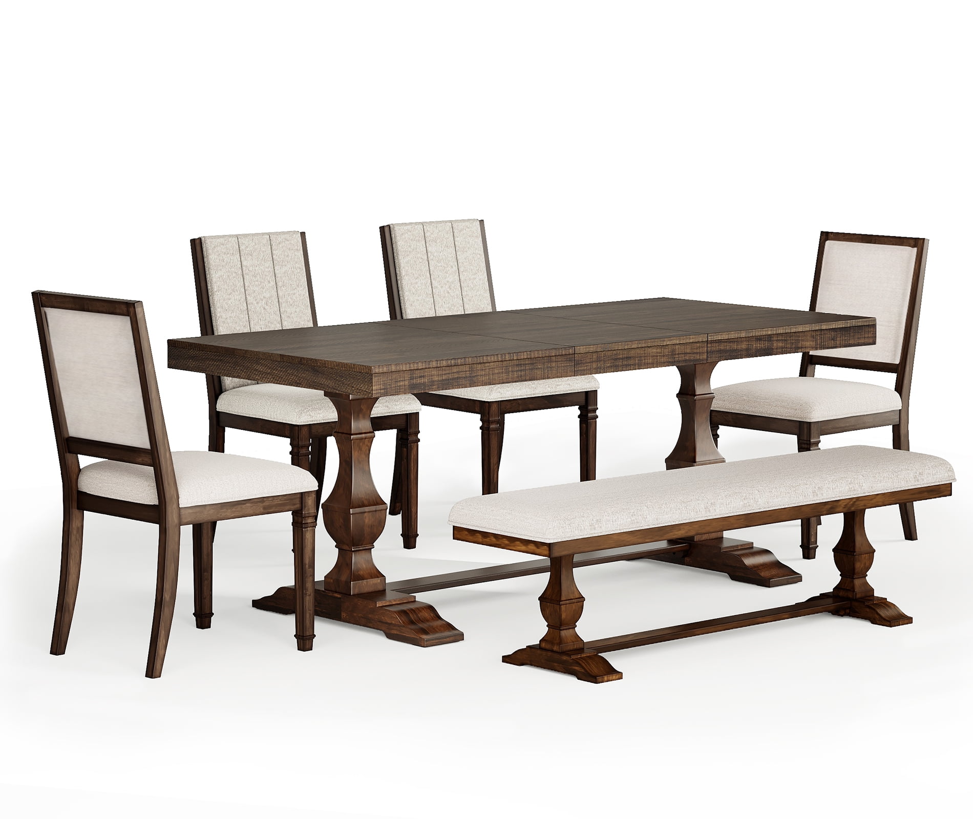 WAMPAT 6-pieces Farmhouse Dinning Table,74.8" Kitchen Table Set with 4 Chairs and Bench for 6-8, Solid Wood Legs and Cushion Seat for Kitchen & Living Room,Espresso Brown