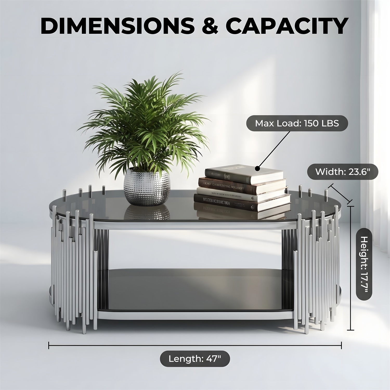 Hommoo Modern Oval Coffee Table with 2-Tier Tempered Glass Shelves & Organ Pipe Stainless Steel Base, Luxury Living Room Center Table, Black & Sliver