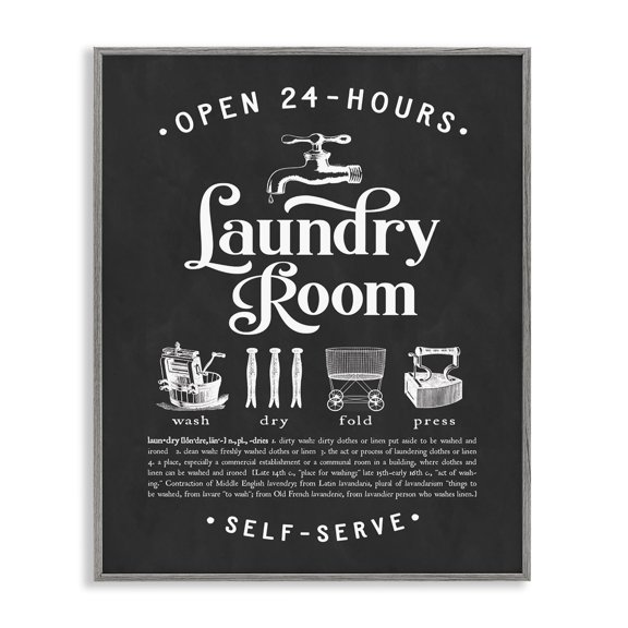 Stupell Industries Traditional 24 Hour Laundry Sign Vintage Icon Illustrations Black White Gray Framed Giclee Art, 24 x 30, by Lettered and Lined