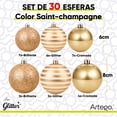 thumbnail image 2 of Esferas para árbol de navidad Artego set mix de 30 esferas = 10pz*8cm 20pz*6cm color Champagne * Línea Glitter 3 acabados glitter, brillante y cromada, para colgar Christmas ornaments, 2 of 7