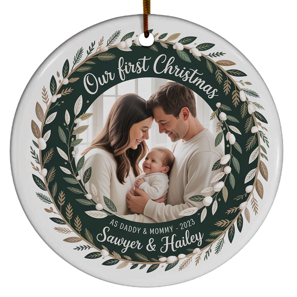 Customized Family of 3 Christmas Ornament 2025, Our First Xmas as Daddy & Mommy Keepsake, Baby 1st Christmas Ornament Gift, Custom Name Text Photo Picture Decoration for Parents
