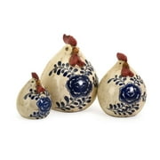 Angle View: Set of 3 Scandinavian Chickens with Blue Floral Highlights 10"