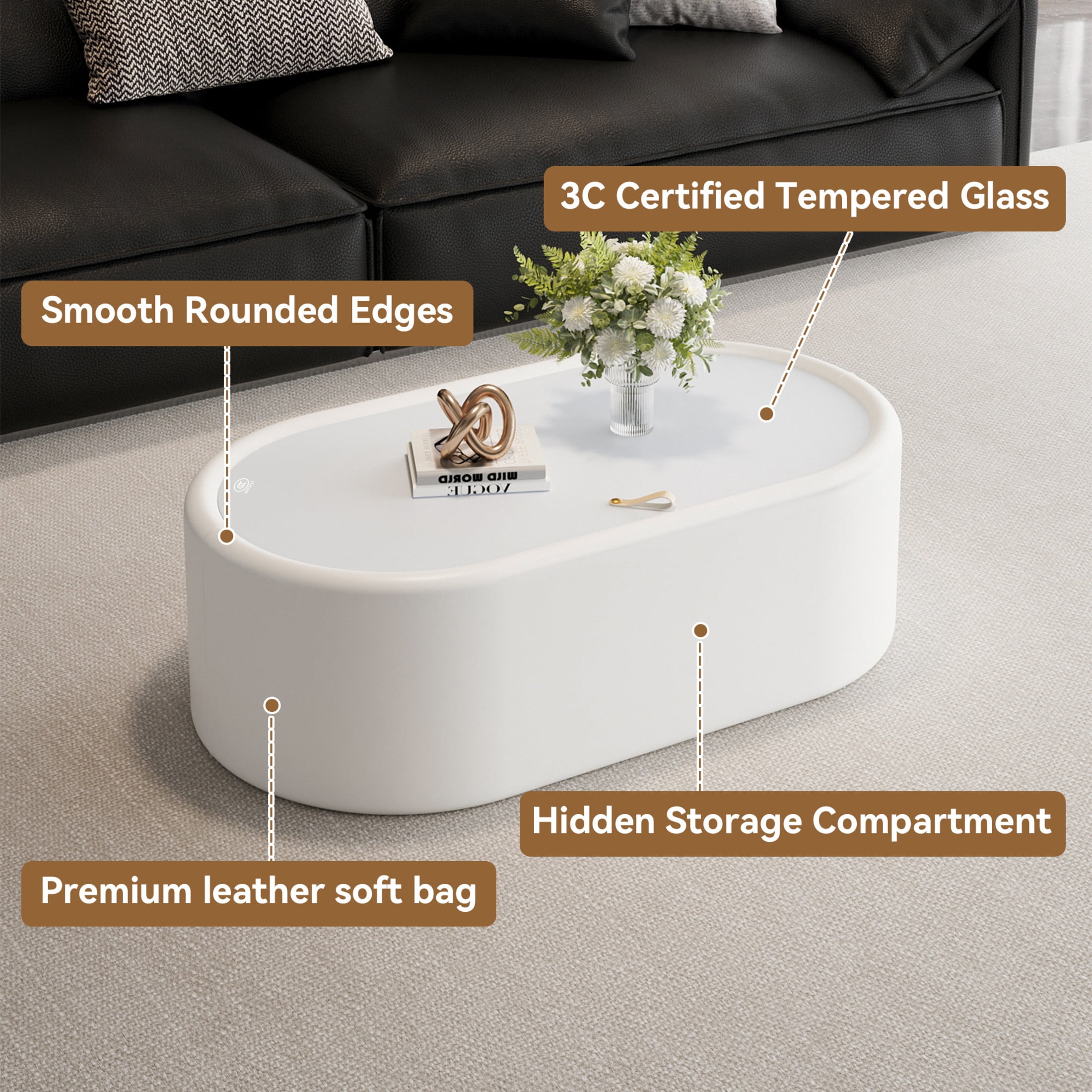 Noble House Morade 33.5" Fluted Curved Rectangle Storage Coffee Table with Glass Top & Leather Wrapped for Living Room, White