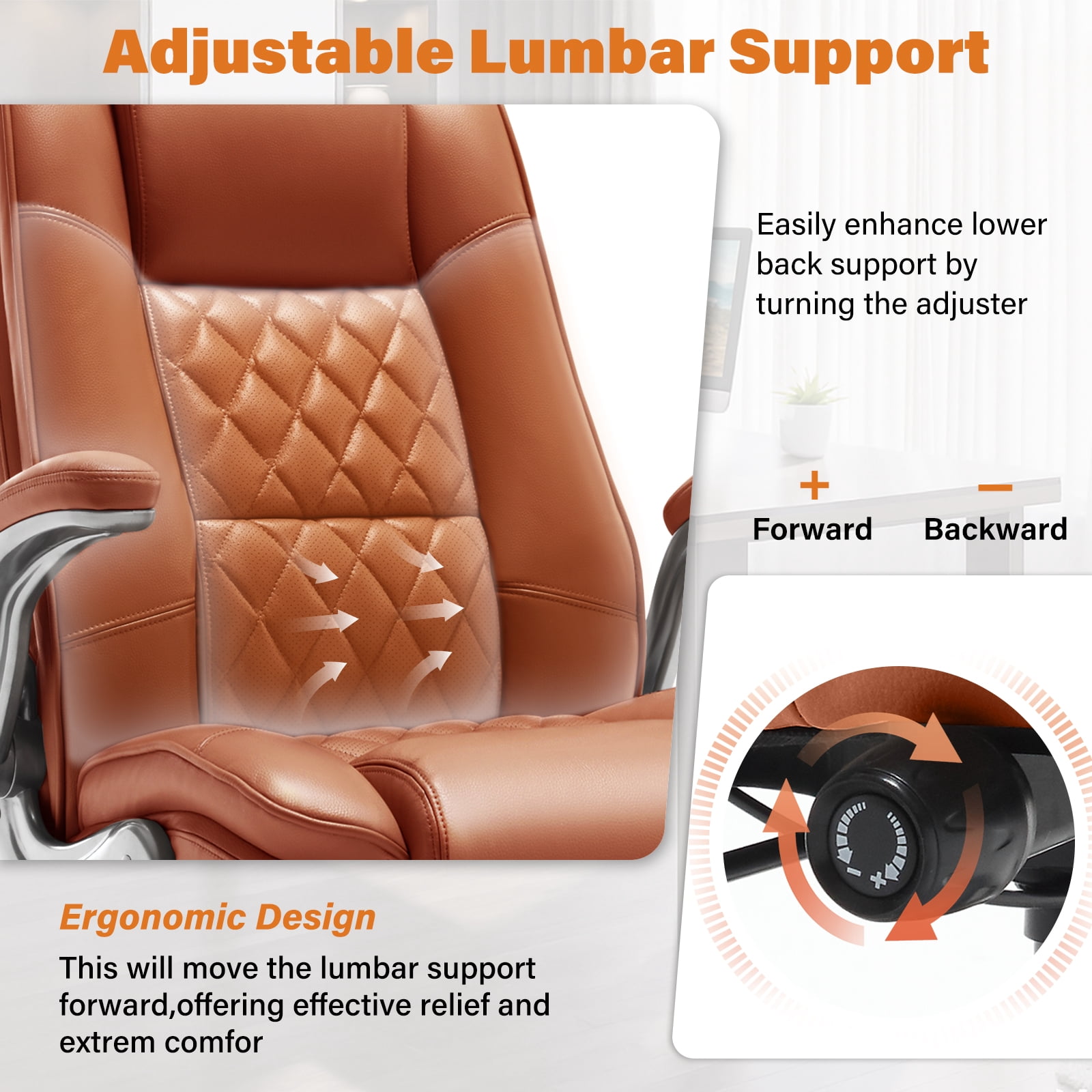 High Back Office Chair with Lumbar Support, Large Upholstered Executive Desk Chair, Faux Leather Computer Chair with Flip-up Arms, Rubber Wheels
