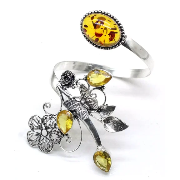 Samrat Jewelry 925 Sterling Silver Adjustable Cuff Bracelet | Natural Baltic Amber & Citrine Gemstones