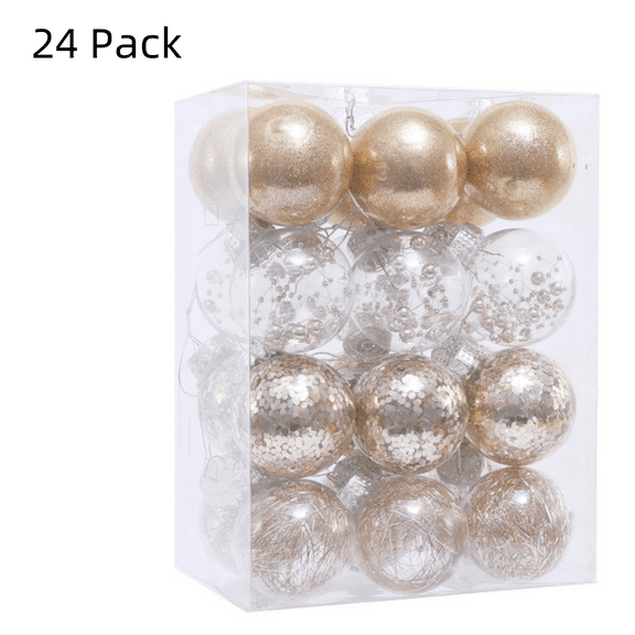 Christmas Ball Ornaments Set,24 pcs Shatterproof Plastic Decorative Christmas Ornaments,Hanging Xmas Tree Baubles Set with Stuffed Delicate Glittering Decorations(Champagne,Diameter 2.36inch)