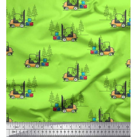 Soimoi Green Cotton Jersey Fabric Tree & Forklift Truck Transport Print Fabric by the Yard 58 Inch Wide