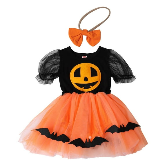 Coerni Toddler Girls Halloween Pumpkin Bat Tutu Dress Headdress 2pcs Outfit Baby Halloween Orange Tulle Sweat Outfits