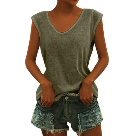 DQRPSEETB Built in Bra Tank Tops for Women Womens Casual Solid V Neck Short Sleeve Vest T Shirt Loose Fit Tank Tops Womens Loose Tank Tops