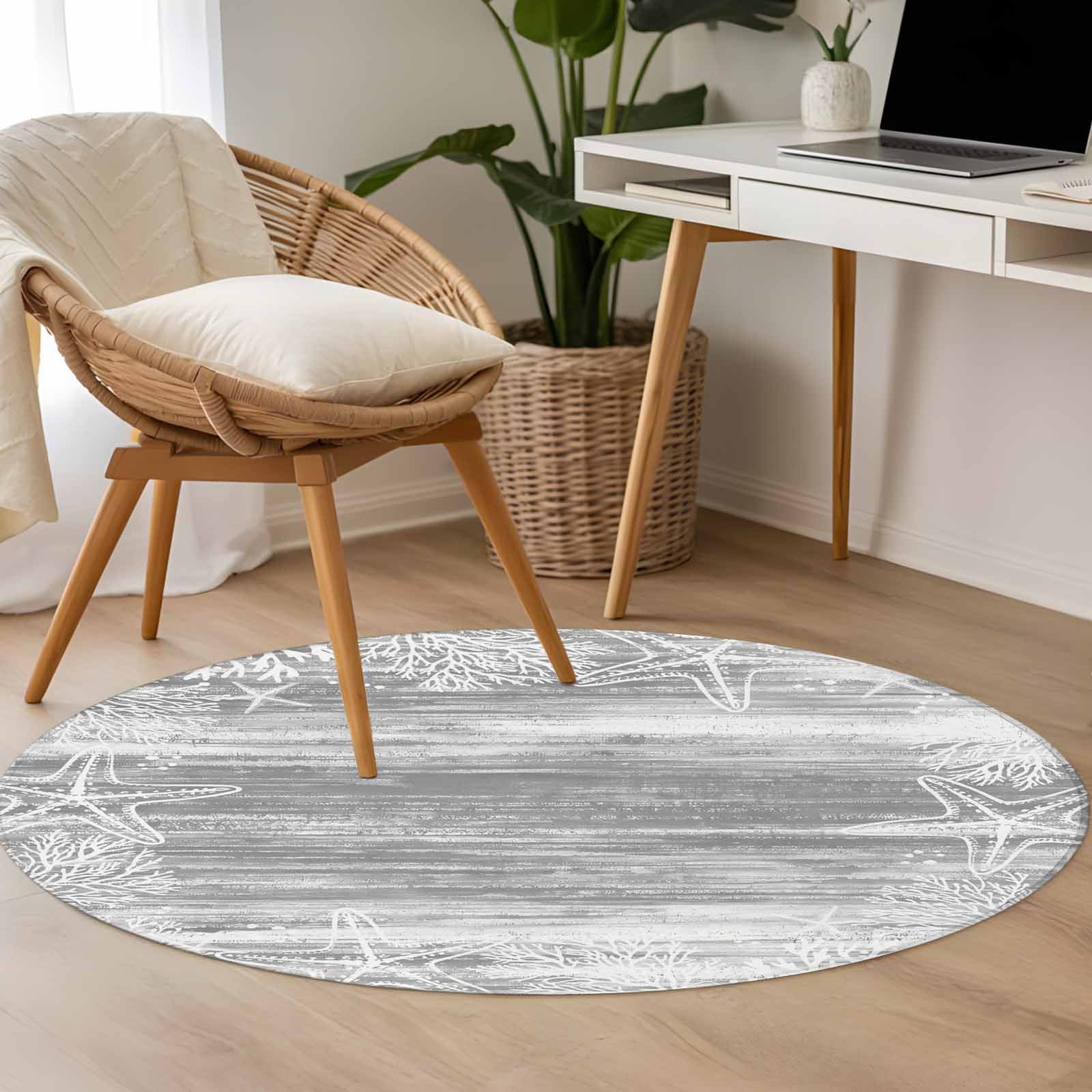 Grey Coastal Round Area Rug 3Ft Washable Small Circle Rugs for Kitchen Entryway, Summer Ocean Sea Ombre Starfish Corals Non-Slip Carpet Floor Mats Indoor Outdoor Carpet Runner Aesthetic Home Decor
