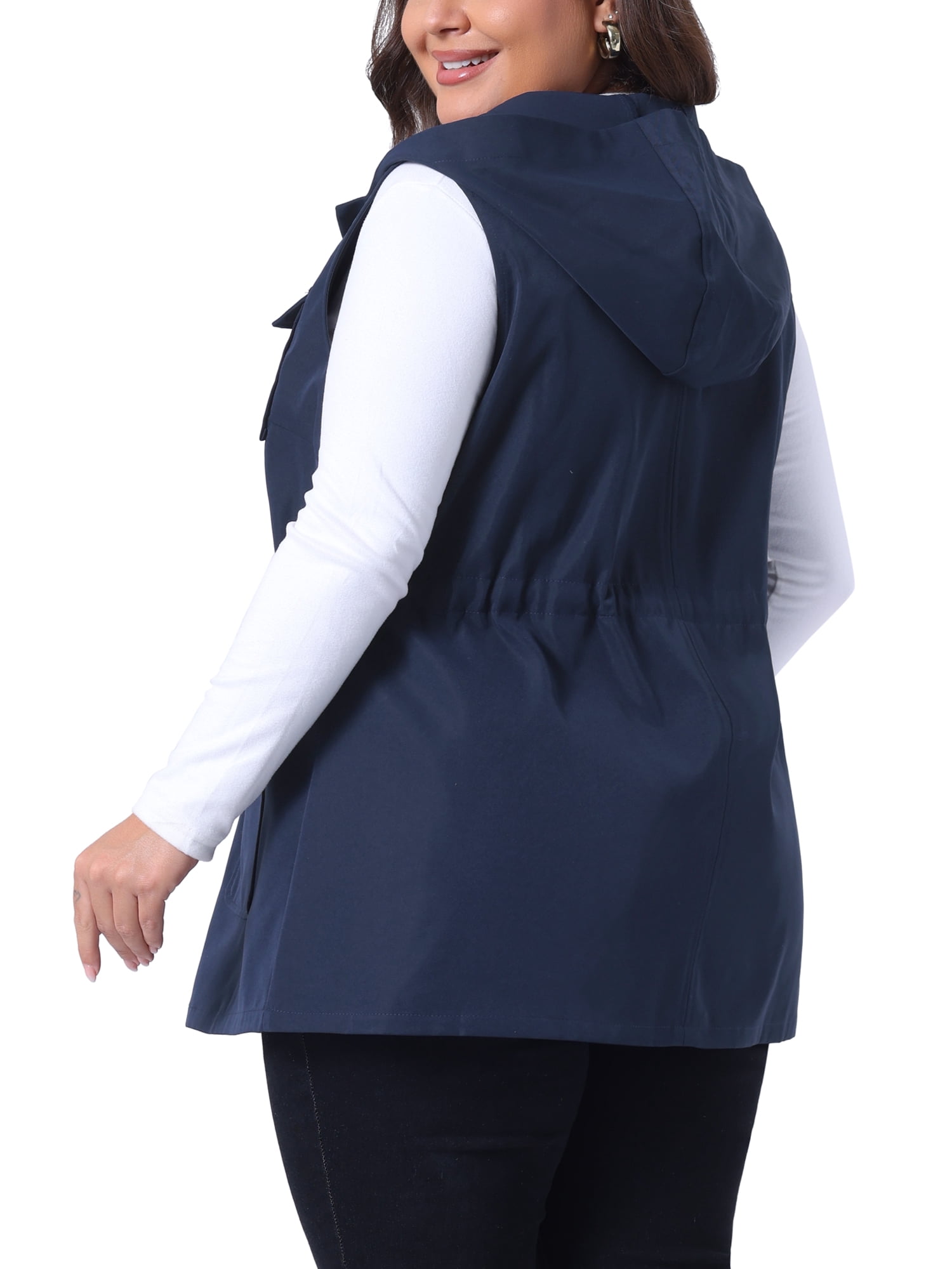 DARING DIVA Women's Plus Size Vest Sleeveless Anorak Cargo Drawstring Jacket 2X Navy Blue