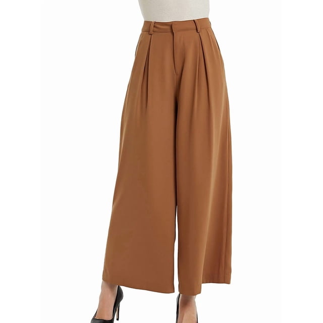 Pantalones Palazzo Largos de Pierna e Informales de Cintura Alta para Mujer, Talla Regular Color Camello L