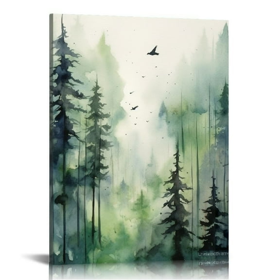 JEUXUS Canvas Print Wall Art Woodland Nursery Decor Watercolor Pastel Pine Tree Bird Sky Nature Modern Art Decorative Landscape Colorful for Living Room, Bedroom, Office