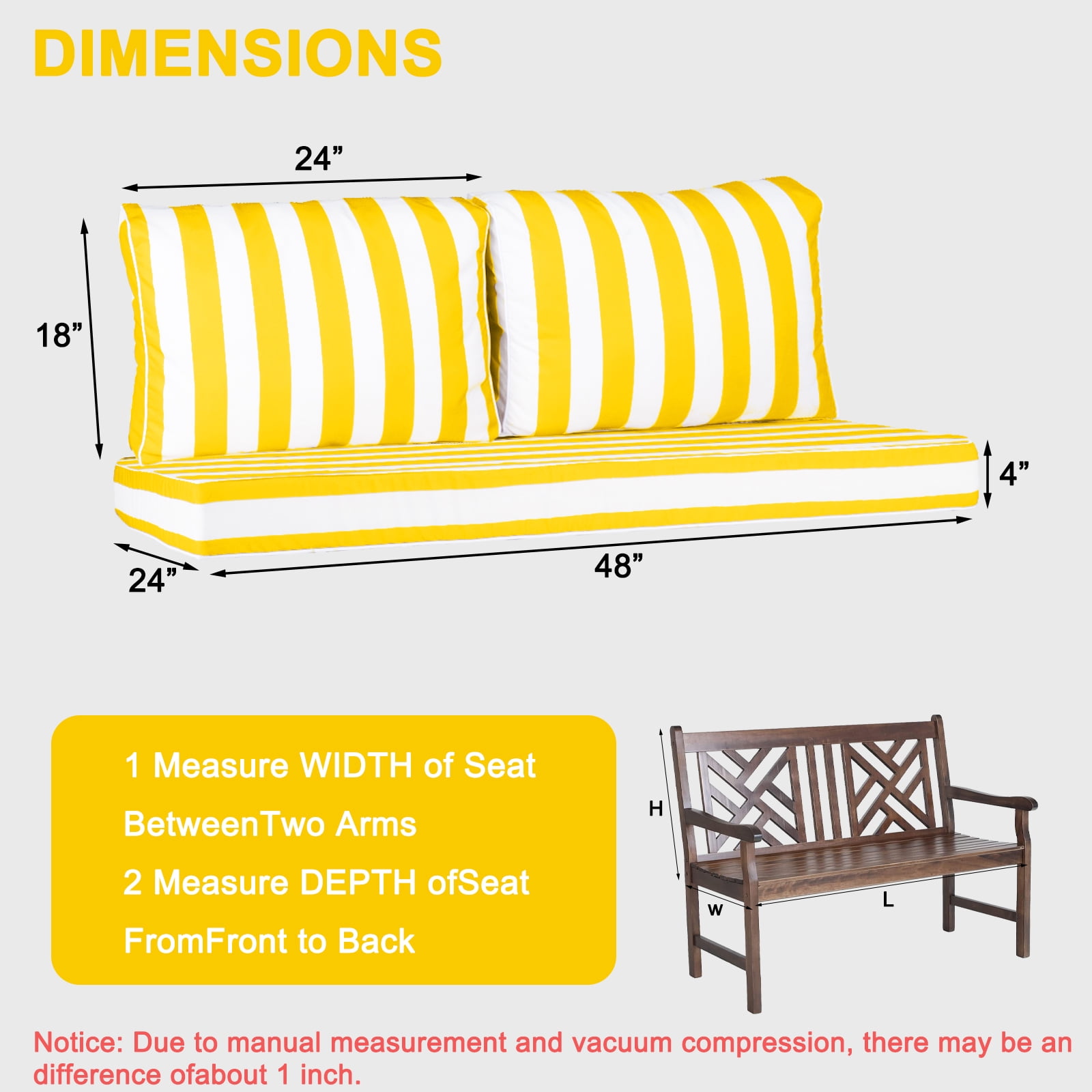 Outdoor Loveseat Cushions Set 48" x 24" Water Repellent & Fadeness Patio Furniture Cushions with Removable Cover and Ties, Patio Love Seat Sofa Cushions for Porch Garden Chair（Bright yellow white）