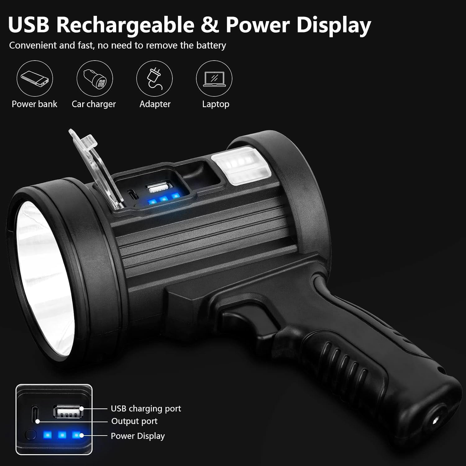 Rechargeable Spotlight Flashlight 9000LM, Handheld LED Spotlight with Solar Panel & COB Floodlight, Waterproof Super Bright Light for Camping Boating Hunting Emergency - USB-C Charging