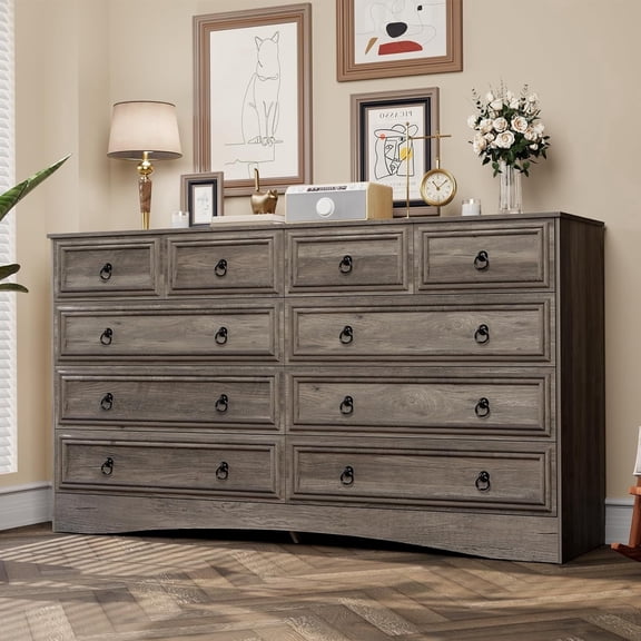 Meteorleg 10 Drawers Dresser for Bedroom, 55.2 Inch Wide Large Dressers & Chests of Drawers, TV Stand for 65 inch, Storage Organizer Furniture, Hallway, Entryway, Closet,Gray