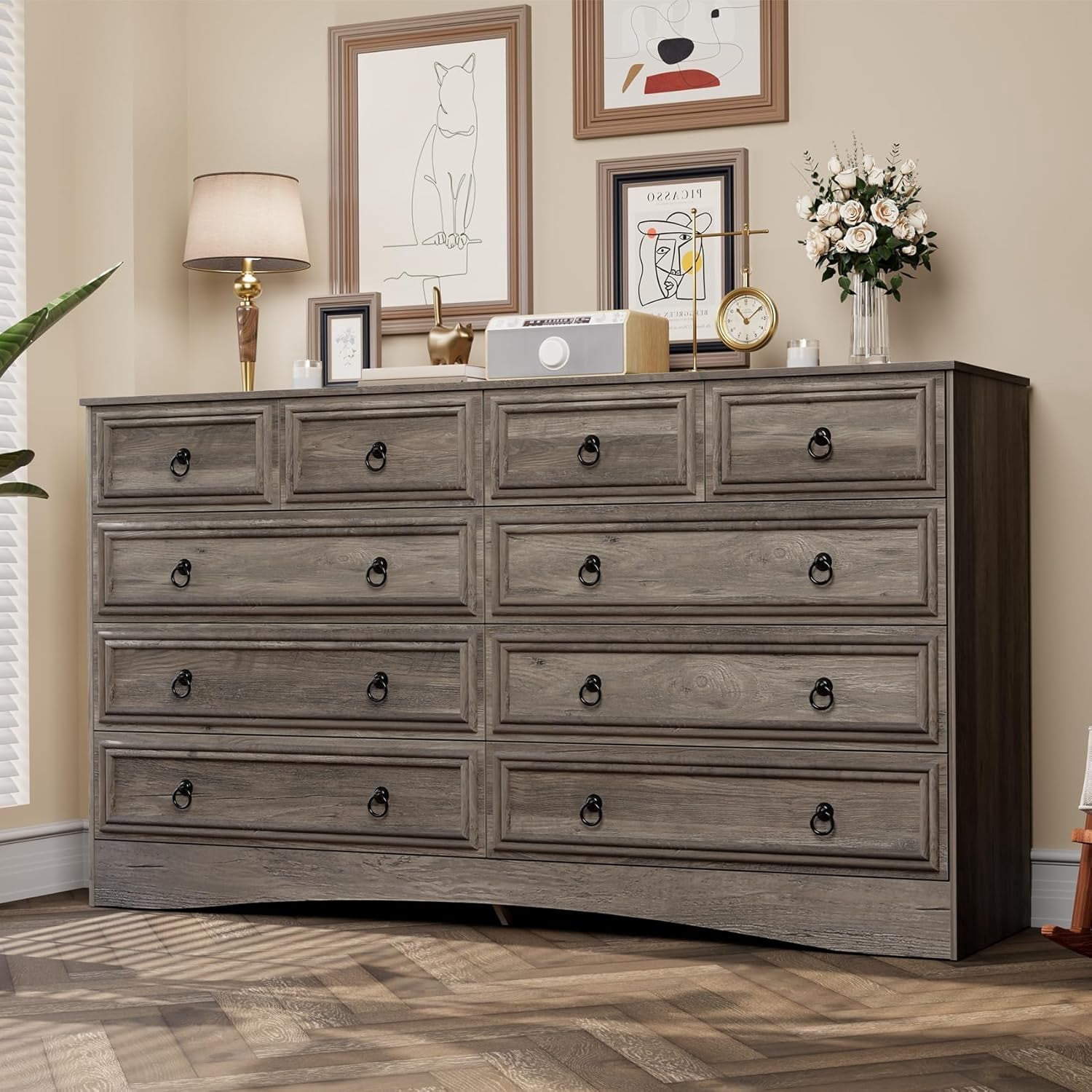 Meteorleg 10 Drawers Dresser for Bedroom, 55.2 Inch Wide Large Dressers & Chests of Drawers, TV Stand for 65 inch, Storage Organizer Furniture, Hallway, Entryway, Closet,Gray