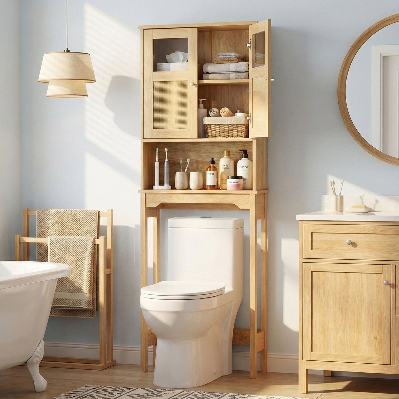 Ktaxon Over the Toilet Bathroom Storage Cabinet  with 2 Doors & 3 Storage Shelves Space Saver, Rattan