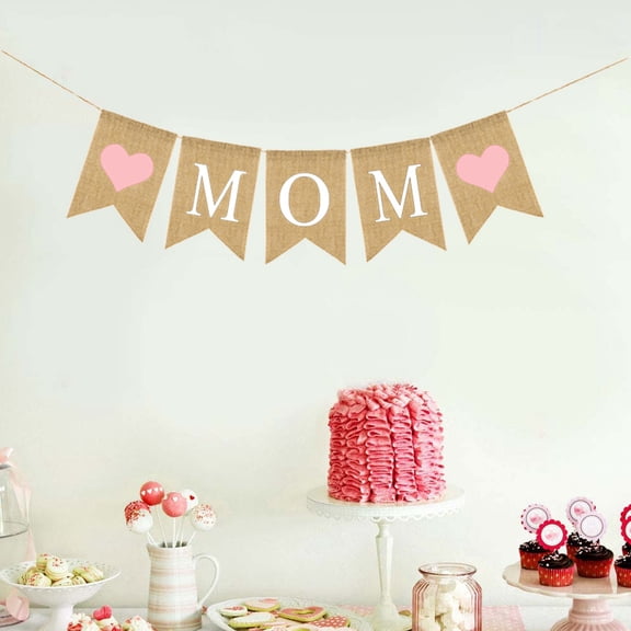 IBASETOY Mother's Day Decorations Pink Heart Linen Banner with Mom Letters Perfect for Indoor Outdoor Decor