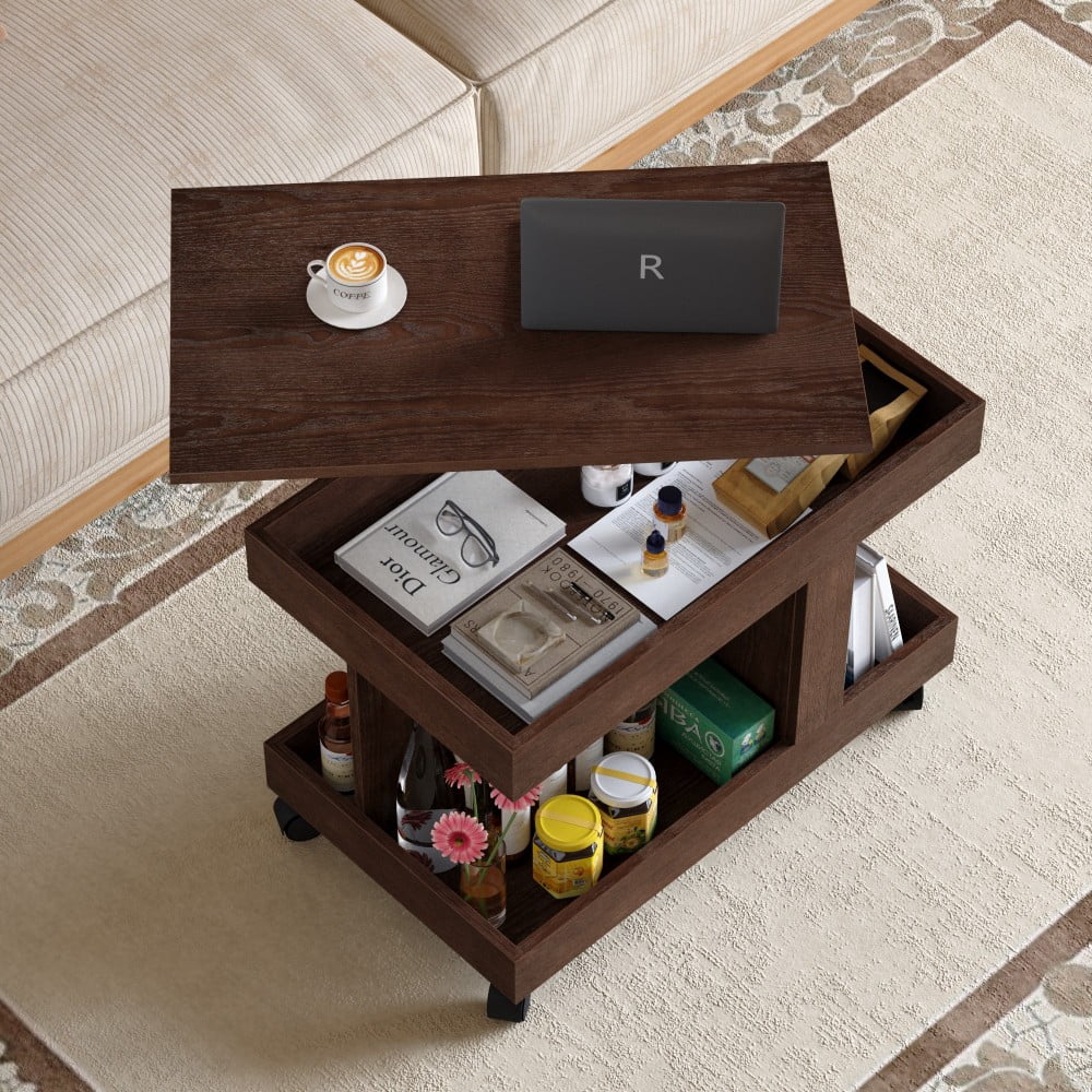 Small Coffee Table with Wheels, 360° Rotating Lift-Top Desktop, Rolling End Table with Storage Shelf, Mobile Bedside Table for Living Room & Bedroom, Walnut Brown