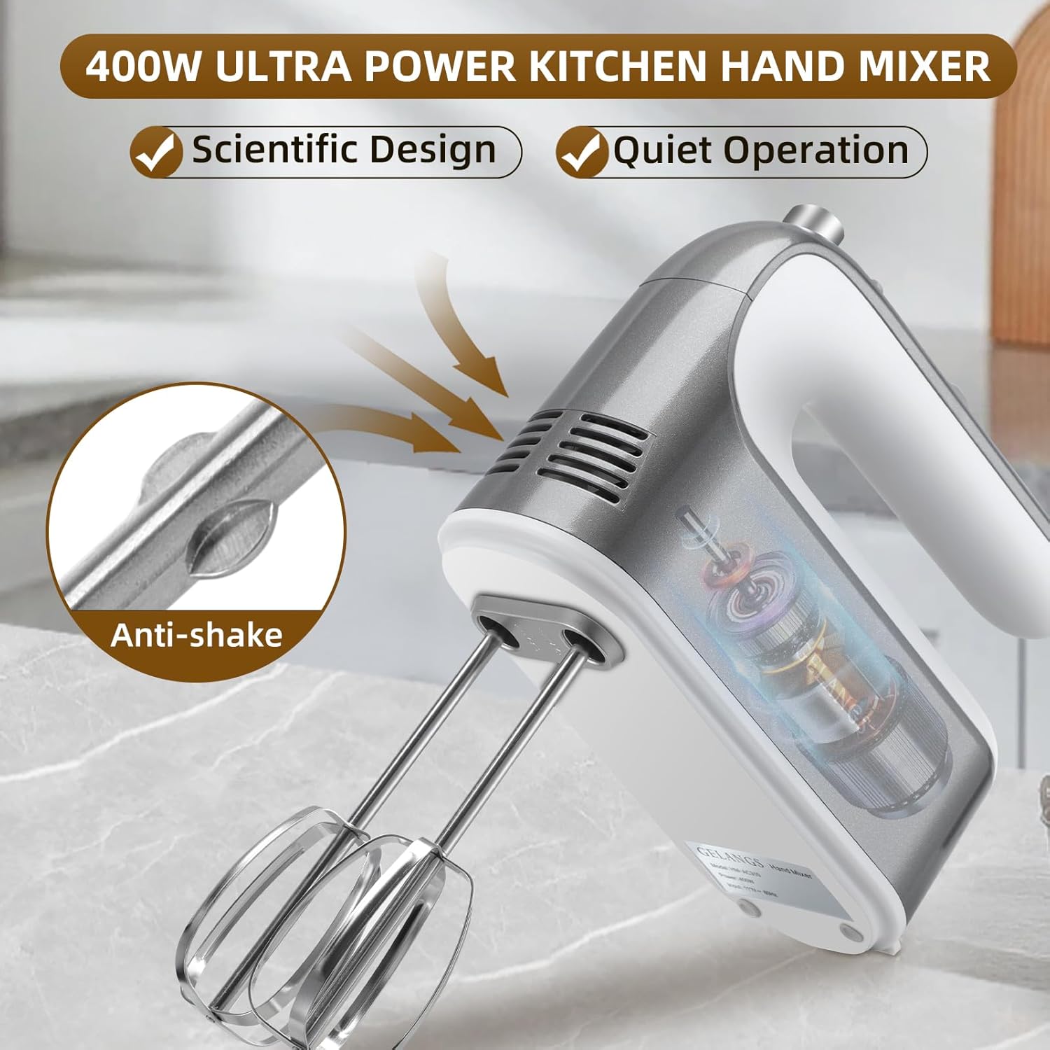 GELANGS-400W Hand Mixer with Turbo Boost - 5-Speed, One-Touch Release, Copper Motor 3 Dishwasher-Safe Attachments 110V Heavy Duty for Baking, Whipping & Dough