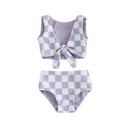 Kids Girls Bikini Set  Sleeveless Knotted Top with Briefs Plaid 2-piece Swimsuit Swimwear for Summer Beach Bathing