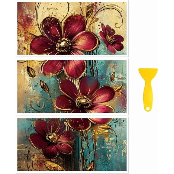 Rub on Transfer Decal Sticker for Furniture Craft Decor 6"x12" Old Gold Edge Flowers 3Pcs Waterproof UV DTF Transfer for Drawer Dresser Glass Porcelain Wood Plastic Making DIY