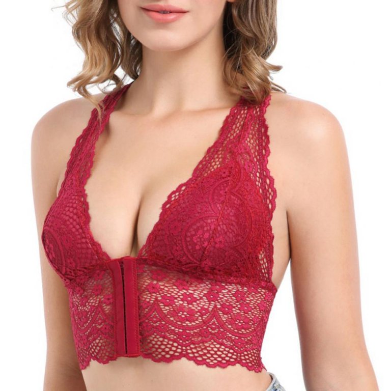 Women's Sexy Floral Lace Front-Close Padded Bralette Comfy Racerback Halter  Plunge Wireless Bra