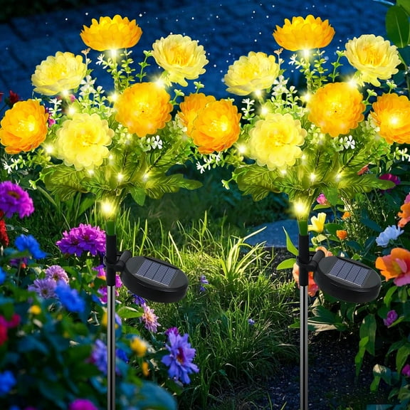 Rirool 2 Pack Solar Flower Lights Outdoor - 14 Blooming Waterproof Snow Lotus Garden Lights for Festive Patio, Yard, Pathway, and Landscape Decoration - Auto On/Off, IP65