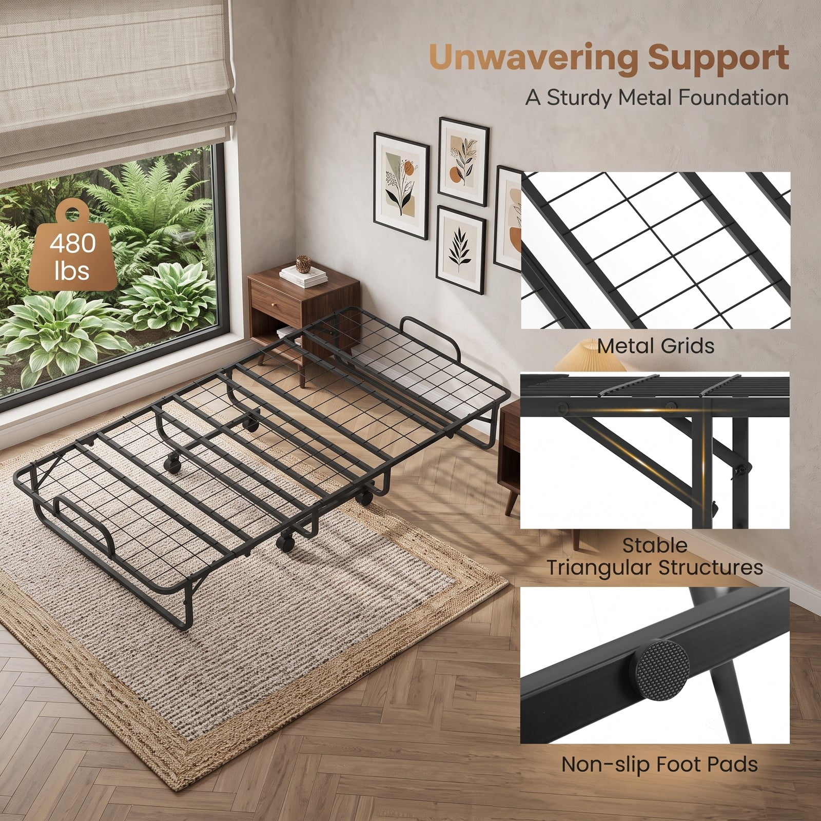 Furnibear Twin Size Folding Bed with 5 Inch Foam Mattress and Wheels for Guest Room and Apartment with Space Saving Design, Black