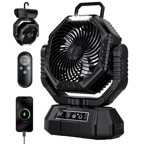 Camping Fan, Oscillating Battery Powered Portable Rechargeable Hanging Tent Fan with Light and Remote for Camp, Outdoor, Emergency Power Outage, Fishing, RV Travel, Black