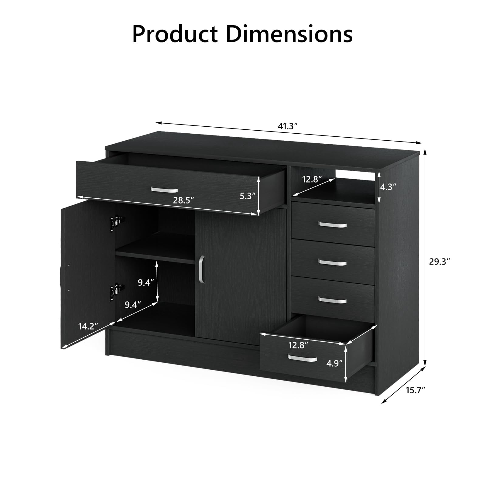 5-Drawers Salon Furniture Salon Storage Station, Free Standing Cabinet for Hair Stylist, Beauty Spa Furniture w/1 Large Capacity Cabinet & 1 Open Shelf, Spa Bathroom Equipment, Black
