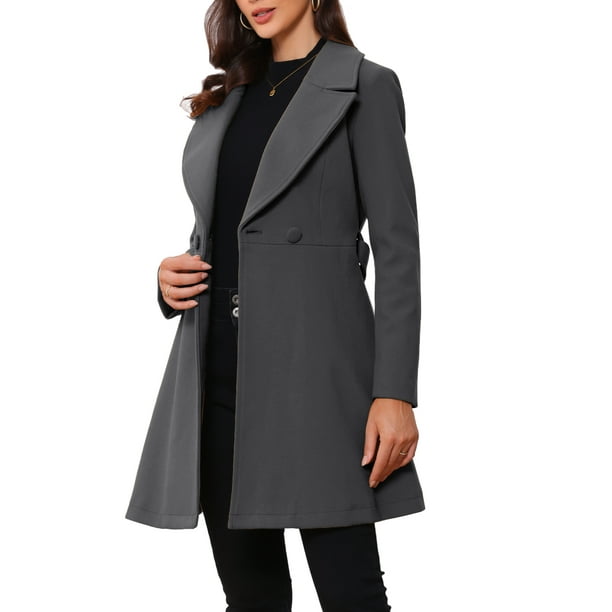 Abrigo elegante INSPIRE CHIC para mujer con cuello de chal, abrigo largo con cinturón de invierno, color gris oscuro