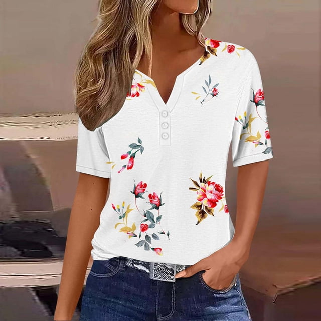 Fiudx Ofertas de La Semana Blusa de Manga Corta Estampada a La Moda para Mujer, Blusas Informales con Cuello Redondo