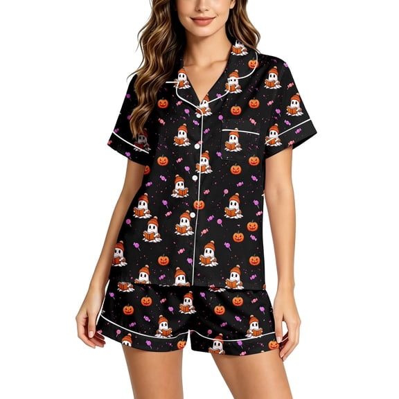 MEZZALL Women Halloween Pajama Cozy Nights Soft Sleepwear Two Piece Lapel Collar Button Down Short Sleeve Top Elastic Waist Shorts For Evening Loungewear And Holiday Relaxation Fashionable Pjs