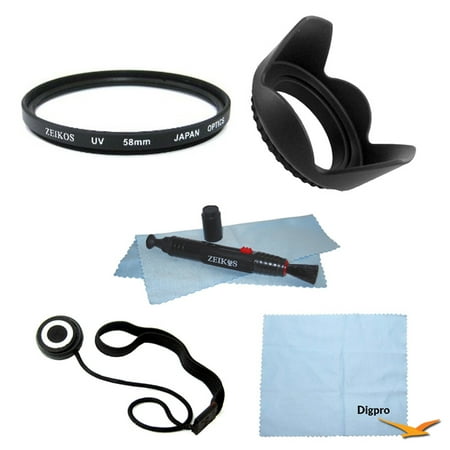 Special 58mm Filter 5 pc Kit Multicoated UV Protective Filter Hard Lens Hood LCD/Lens Cleaning Pen for Nikon, Canon, Sony, and other DSLR Camera & Lenses Micro Fiber Cloth Lens Cap Keeper leash