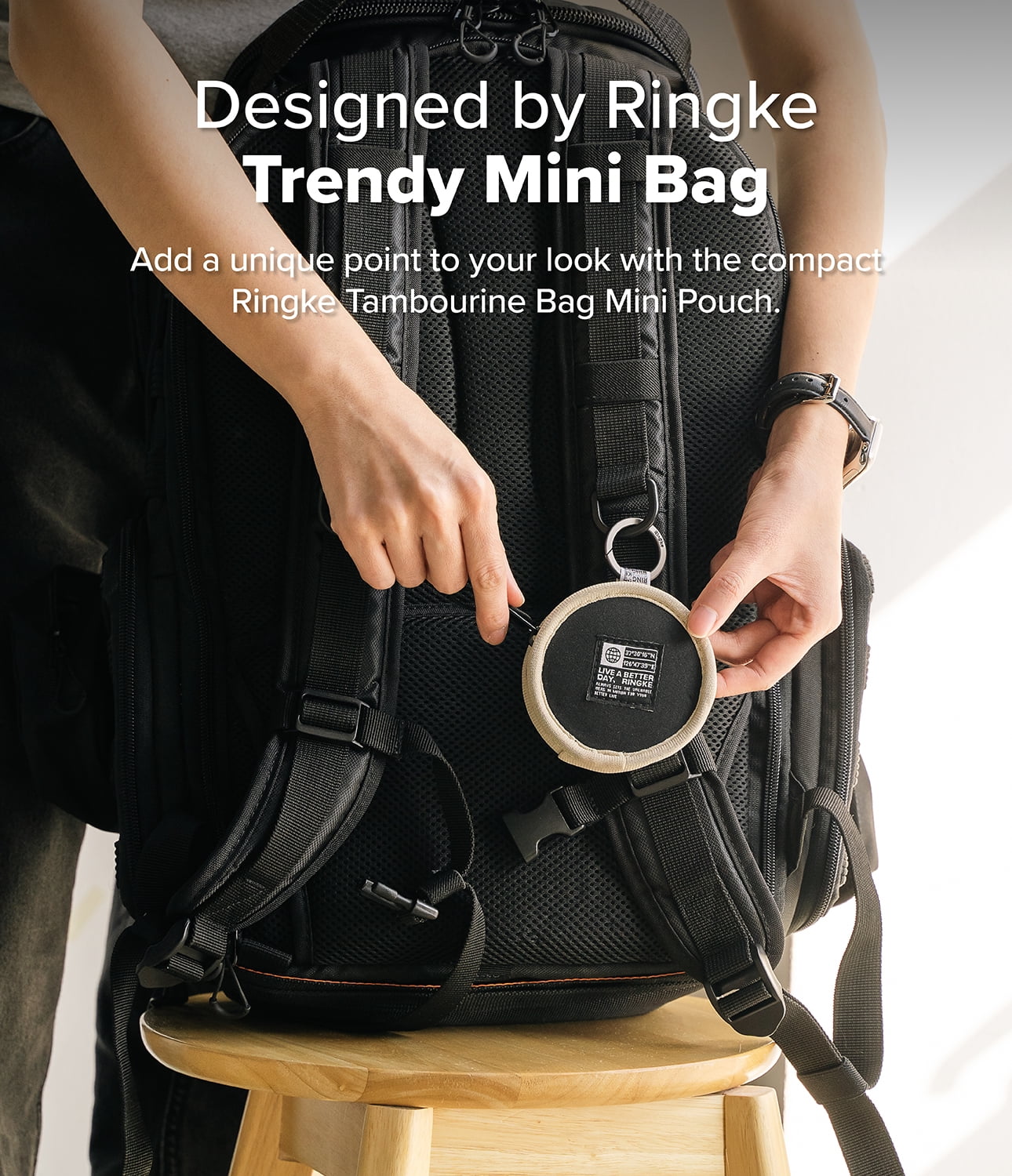 Ringke Tambourine Bag for Universal Earphone AirPods Pro Galaxy Buds Cards, Durable Small Round Carrying Mini Pouch with Key Ring Accessories - Beige