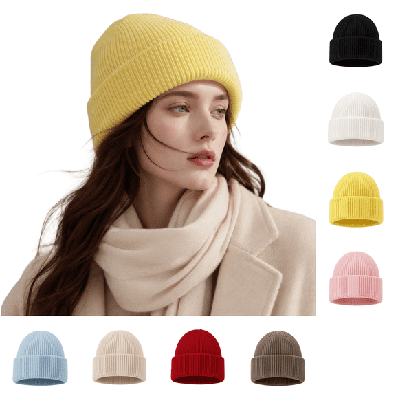 Fall Winter Unisex Ribbed Knitted Beanie Solid Color Fold Cuff Skull Cap Soft Stretchy Warm Beanie Hat for Men Women Casual Daily Outing Pink