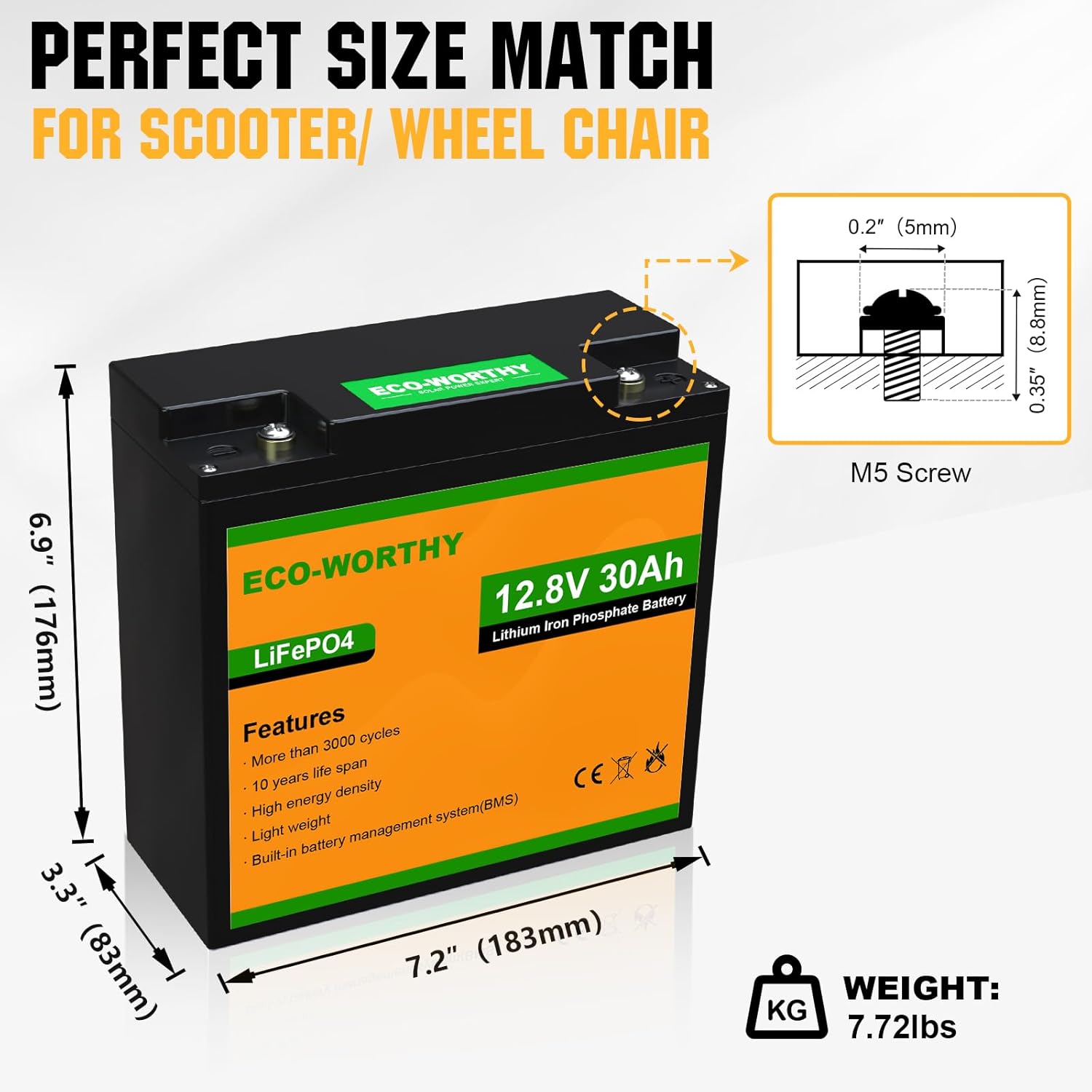 ECO-WORTHY 12V 50Ah Trolling Motor LiFePO4 Lithium Battery with BMS, 3000~15000 Times in Deep Cycle, for 30~50lb Trolling Motor, Travel Trailer, RV, Marine, Solar, Power Wheel Chair