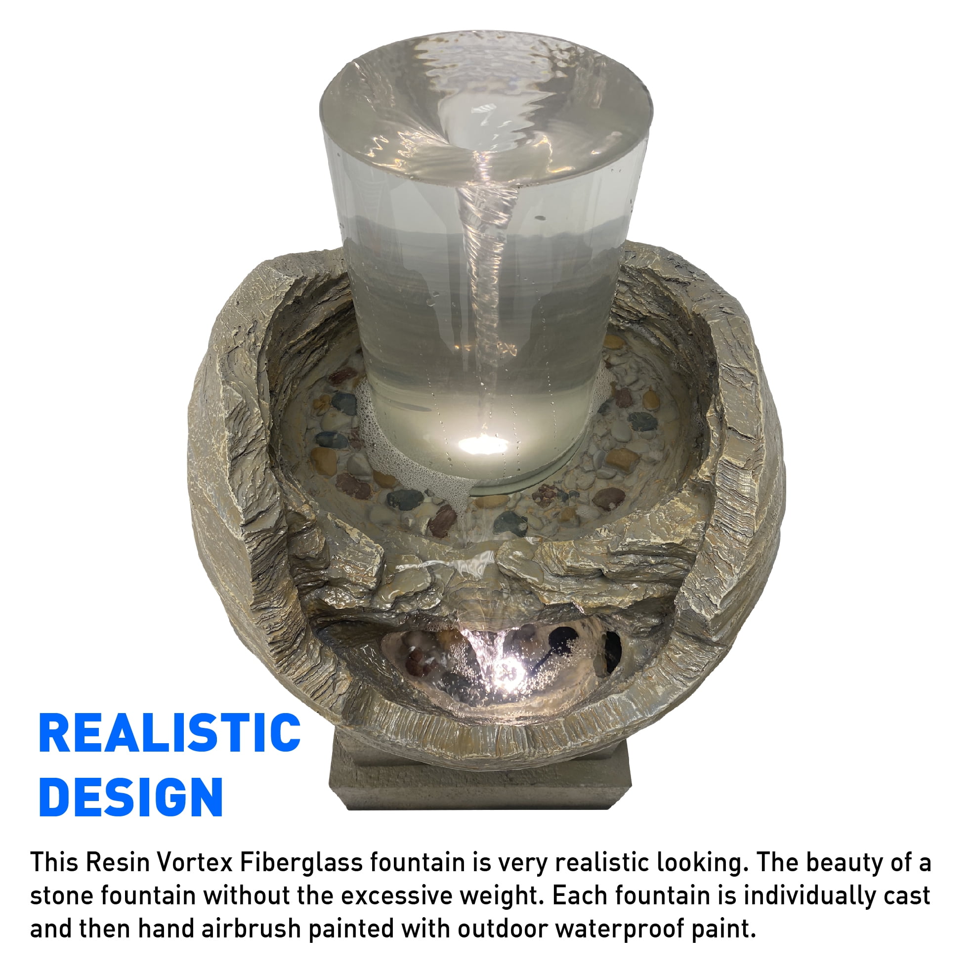Vortex Rock Water Fountain with 6 LED Lights –Fiberglass Resin – Outdoor or Indoor Use – 2 Lights - Large 36” Tall X 21” Wide