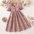 thumbnail image 2 of Rggeeun Child Girls Dress Cute Floral Pattern A Line Short Sleeve Square Neck Front Buttons Ankle Length Wide Ruffle with Waist Shirring for Summer Holiday Fashion Playwear,Pink,11-12 Years, 2 of 4